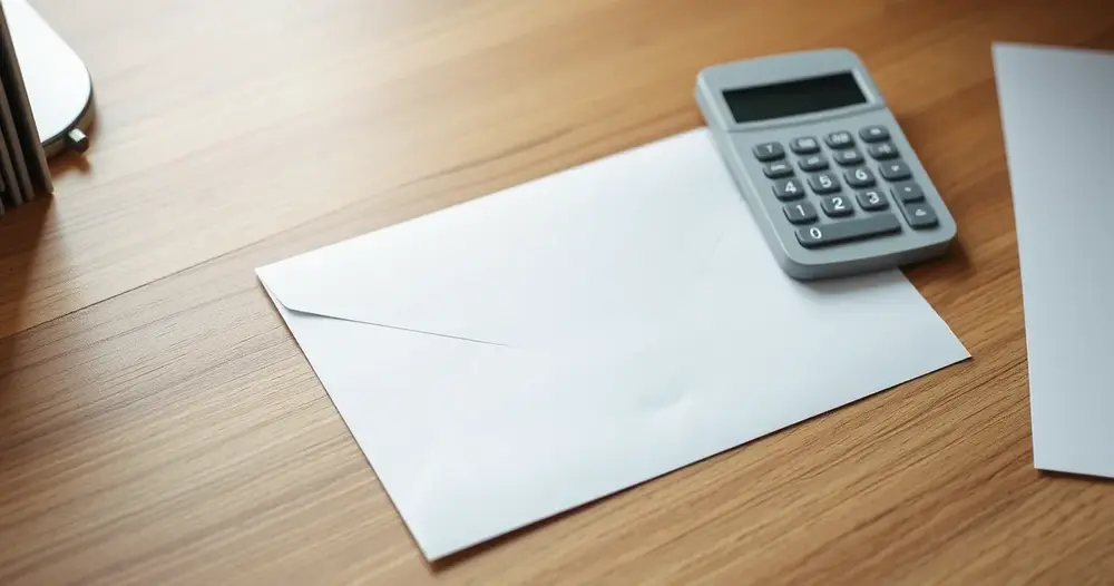Envelope branco fechado sobre mesa de escritório ao lado de calculadora cinza