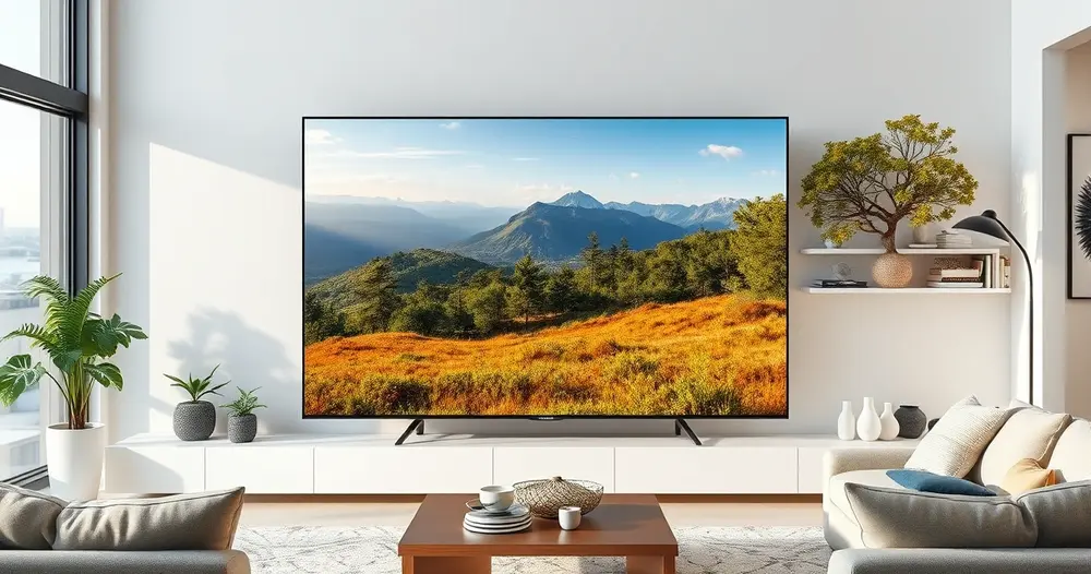 televisão 4k exibindo paisagem natural nítida em sala moderna