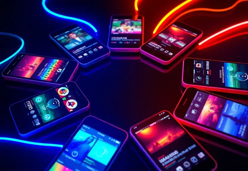Grupos de IPTV no Telegram representados por celulares conectados e coloridos