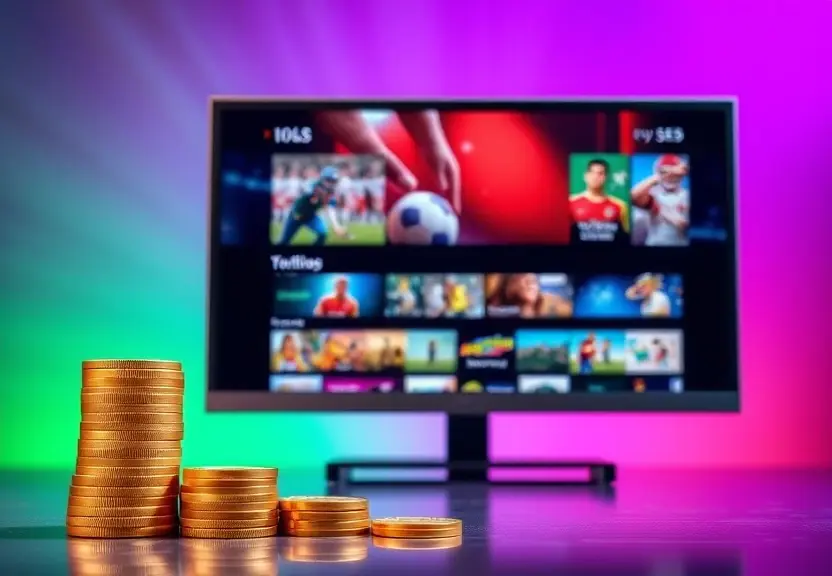 IPTV 10 reais com moedas ao lado de TV exibindo canais coloridos