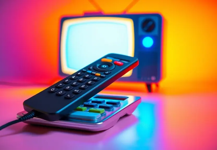 IPTV 12 reais com controle remoto, calculadora e TV colorida ao fundo