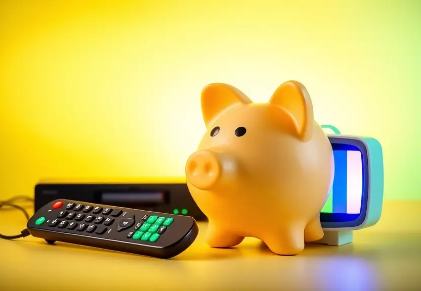 IPTV 7 reais representado por cofrinho e controle remoto com TV colorida