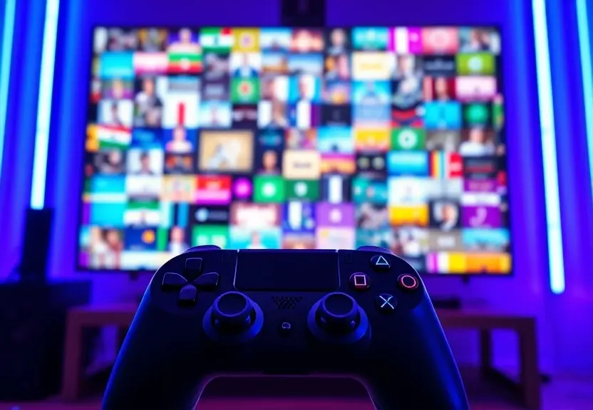 IPTV no PS4 com controle do console diante de TV cheia de canais coloridos