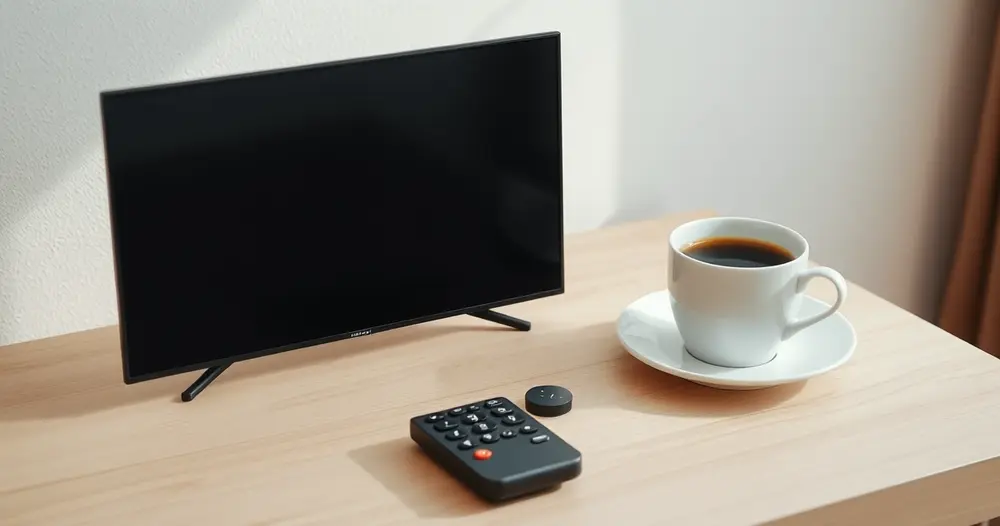 controle remoto e xícara de café sobre mesa clara ao lado de televisor