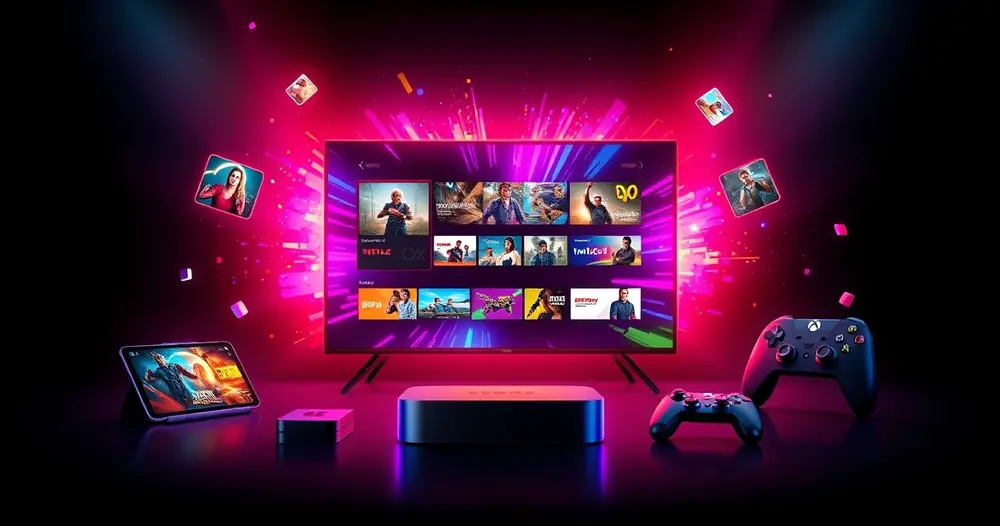 Teste IPTV completo em TV, celular, tablet e console com telas coloridas